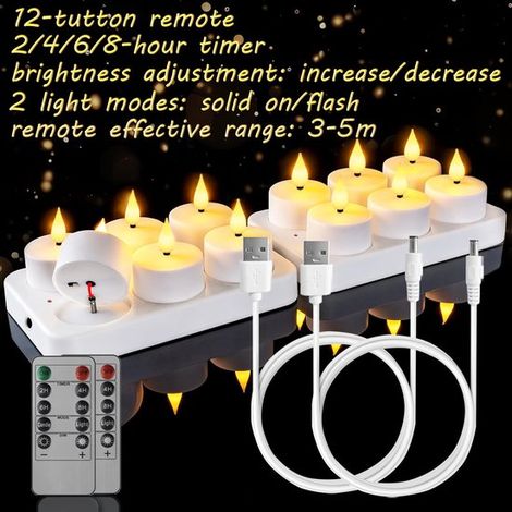 12 lumini ricaricabili con stazione di ricarica e timer - lumini a LED - candele tremolanti con telecomando - funzione timer - perfetti per la casa - Halloween - zucca - Natale - decorazione per feste (1/5)