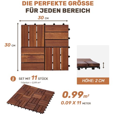 Dalles de terrasse clipsables en bois d’acacia brun, 11 pièces, 30 x 30 x 2,4 cm (1/3)
