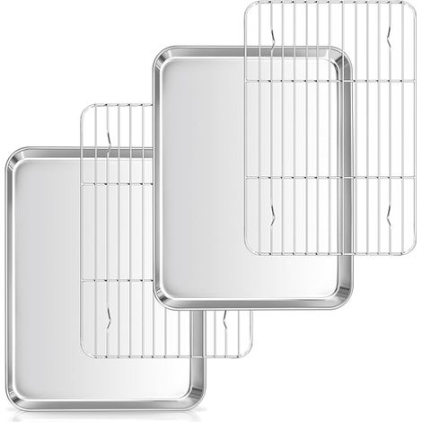 Baking Tray Set with Cooling Rack, Stainless Steel Cake Plate with Cake Rack (2 Baking Plates, 2 Cooling Racks), Mini Rectangular (1/5)
