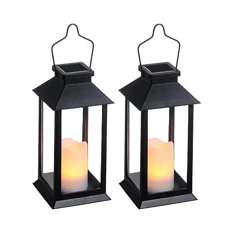 Confezione da 2 lanterne solari da esterno per giardino, da appendere, con luci LED lampeggianti senza fiamma da 30 cm, colore nero. (1/5)