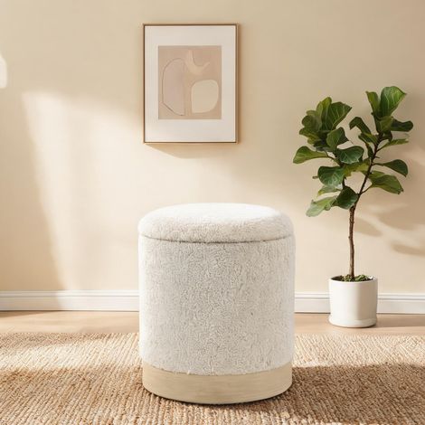 Tabouret de rangement 38 cm avec assise sherpa blanc cassé (1/5)