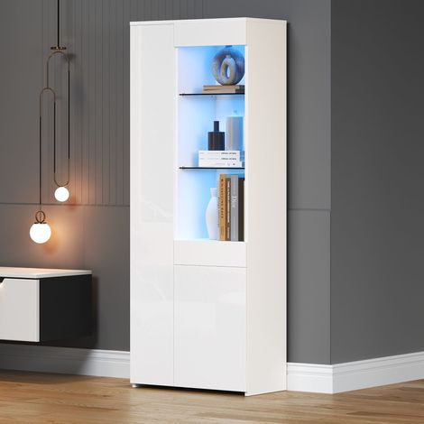 Vitrine 70x35x180cm avec tiroirs, meuble haut brillant, vitrine lumineuse LED, armoire haute, buffet avec placard, présentoir au sol, rangement séparateur, charge maximale 45kg (1/5)