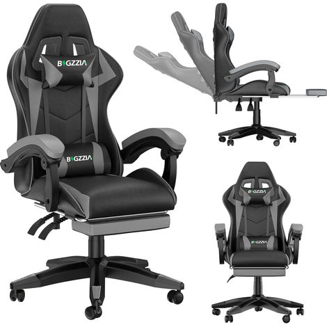 Gaming-Bürostuhl mit ergonomischer Fußstütze, 90°-Drehfunktion, Lendenkissen und Kopfstütze, höhenverstellbar – Grau