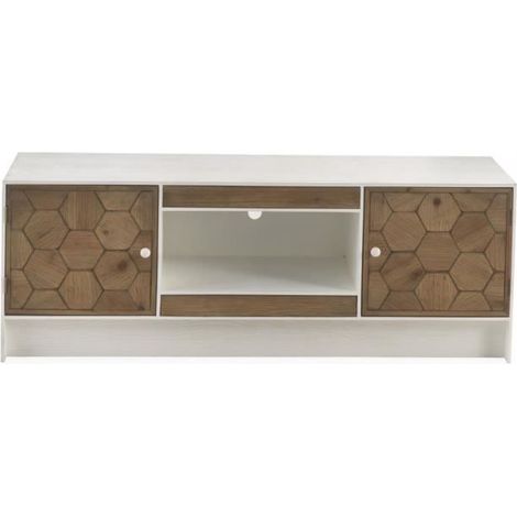 Meuble TV en bois de sapin naturel et MDF coloris blanc - Longueur 140 x Hauteur 50 x Largeur 40 cm -JUANIO (1/4)