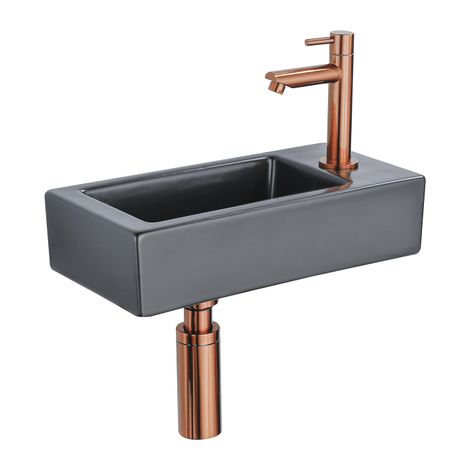FugaFlow Efficiente Pietra Ensemble de fontaine - 37,5x18,5x9cm - céramique - trou de robinet à droite - robinet de fontaine en cuivre brossé - (1/5)