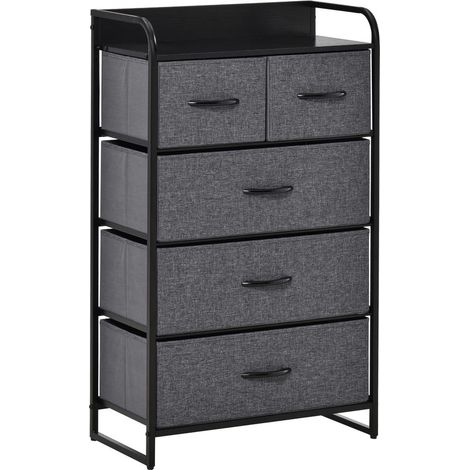 Commode Meuble de Rangement 5 Tiroirs en Tissu Pliable 58 x 29 x 99 cm Gris (1/5)