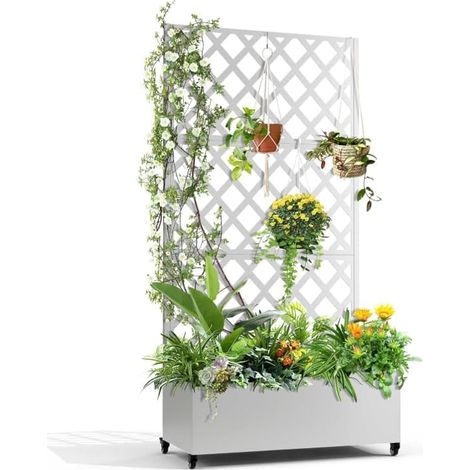 Jardinière avec Treillis et Brise-Vue, 12 Compartiments, Roulettes Blanc (1/5)