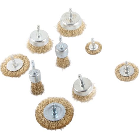 Ensemble 9 pièces brosses métalliques pour perceuse, brosse circulaire, brosse boisseau et brosse à embout, queue hexagonale 1/4 pouce, accessoires pour bois et métal (1/5)