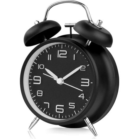 Despertador matutino con dos campanas, retro, silencioso, con luz nocturna para dormir, oficina, dormitorio y viajes, 4 pulgadas, color negro (1/5)