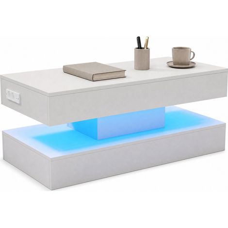 ELVMI Tavolino da Salotto Sollevabile con Vano Nascosto, LED e Prese EU, Truciolare, 100 x 50 x 42 cm, Bianco (1/5)