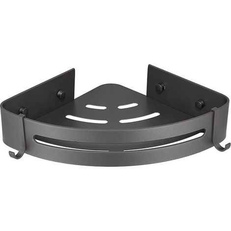 Étagère d'Angle pour Salle de Bain - Aluminium Anodisé - 1 Niveau avec Crochets - 29 x 22,5 cm - Fixation par Vis ou Adhésif - Noir (1/5)