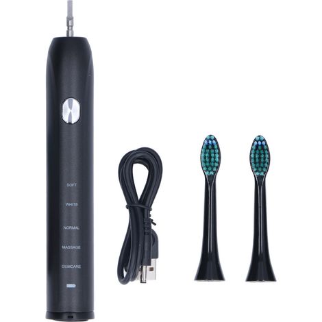 Brosse à dents électrique souple pour adultes, noire, rechargeable par USB, 5 modes, étanche, blanchissante, à ultrasons, avec 2 têtes de brosse. (1/5)