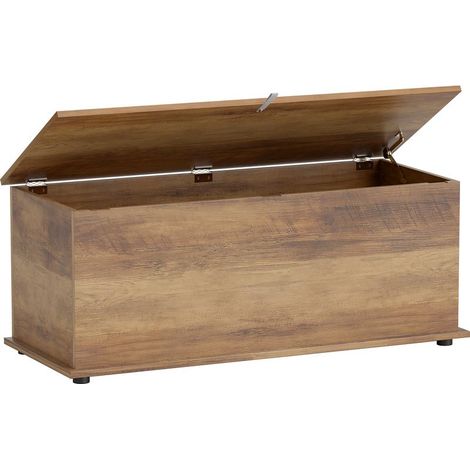 Aufbewahrungstruhe, 113 Liter, mit Klappdeckel und 2 Sicherheitsscharnieren, für Wohnzimmer/Flur, 100 x 40 x 40 cm, braune Holzoptik (1/5)