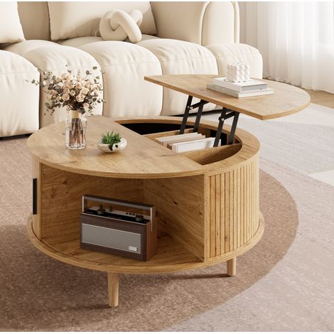 Table basse ronde relevable avec rangement, porte coulissante, MDF et pieds en bois de pin, coloris chêne (1/5)