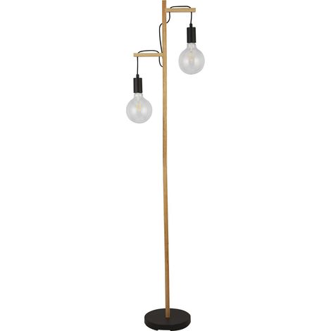 Piantana Industrial-Nordico Tribeca Acciaio Marrone Legno Nero 2 Luci E27 (1/5)