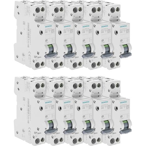 Siemens – Lot de 10 disjoncteurs bipolaires 10A – Courbe de déclenchement C – Protection circuits jusqu'à 450W – Tension AC/DC (1/4)
