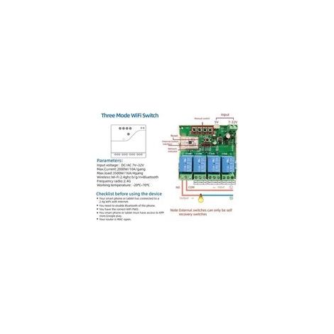 Interruptor inteligente de 4 canales con conexión inalámbrica WiFi y Bluetooth, módulo de relé de contacto seco y control remoto por aplicación de 732 V. (1/4)