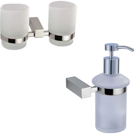 Multi set doppio bicchiere portaspazzolini + dispenser per sapone in vetro satinato, cromo (ELEMULTI-SET4)