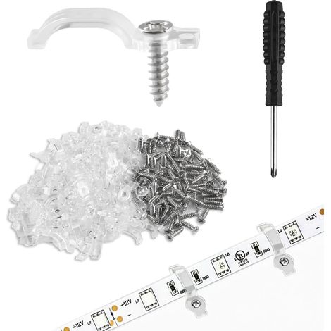 100 clips de fixation pour bande LED 10 mm - Support transparent ruban lumineux - Accessoire fixation LED, collier plastique, attache câble, montage sans vis (1/5)