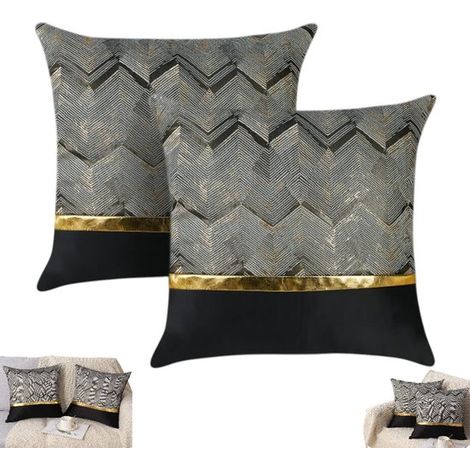Lot de 2 taies d'oreiller carrées noires (45 x 45 cm) avec surpiqûres dorées et rayures ondulées. Housse décorative, moderne et patchwork jacquard. Décoration pour canapé et voiture. (1/5)