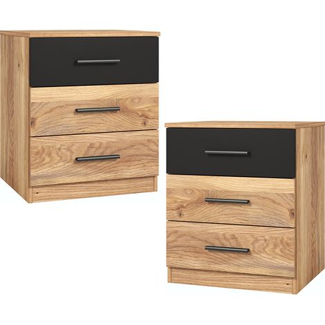 Schlafzimmer-Nachttisch 2er Set mit je 46 cm Breite in Eiche mit schwarz, mit 3 Schubladen - BIRMINGHAM-83 (1/5)