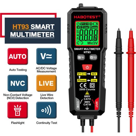 Multímetro digital HABOTEST HT93: 2000 cuentas, rango automático, medición de CA/CC y prueba NCV sin contacto.