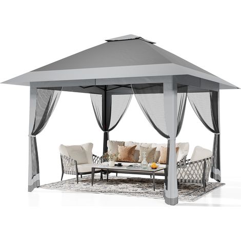 Tonnelle de jardin pliante 4 x 4 M, Pop Up Gazebo, Tente de Canopée, Moustiquaire, Rapide, 4 Sacs de Sable, Gris (1/4)