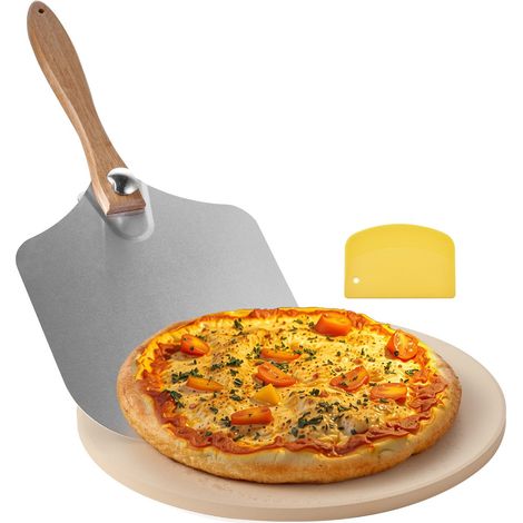 Pierre à pizza ronde en cordiérite 38,1 cm, pierre de cuisson extra large avec pelle en aluminium et grattoir PP, résistante à la chaleur, épaisseur 1,7 cm, pour four, cuisson du pain, barbecue (1/5)