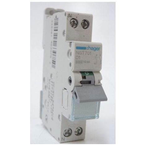Disjoncteur 1P+N 6-10kA courbe D 1A 1 module HAGER NGT701 (1/5)