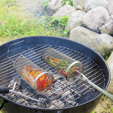 Deux paniers à barbecue tubulaires en maille, grille de barbecue ronde en acier inoxydable, grille de barbecue extérieure, grille de barbecue portable pour le camping (30 cm/11,8 pouces). (1/4)