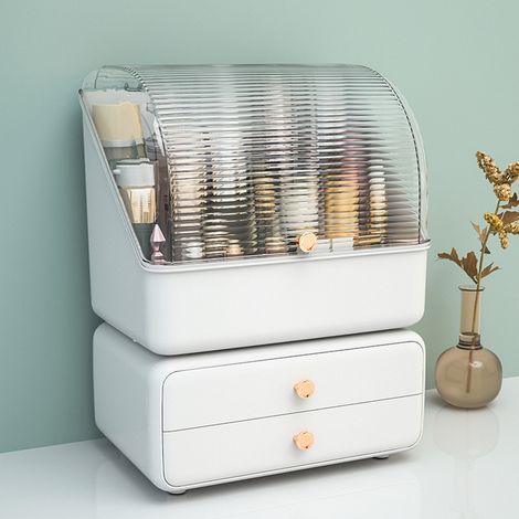 Boîte de rangement cosmétique de bureau type tiroir, organisateur de maquillage anti-poussière pour bijoux, rouges à lèvres et soins de la peau, blanc cassé (1/5)