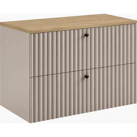 Meuble sous-vasque suspendu 80 cm, 2 tiroirs, avec plan de travail, Cachemire / Plan chêne clair, poignées noires, 80 x 44,4 x 58,6 cm (1/5)
