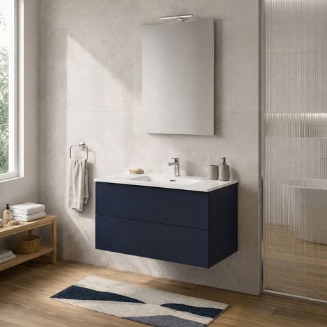 Mobile bagno sospeso 100 cm blu due cassetti push-pull e lavabo Tierra (1/5)