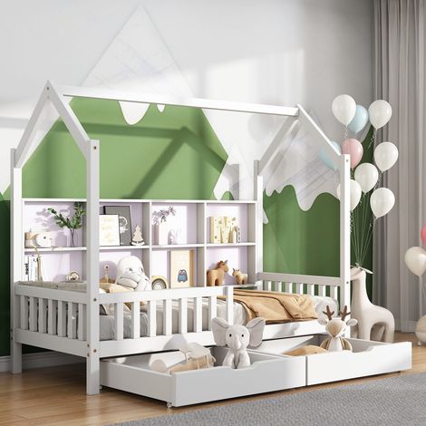 Lit maison 90x200 cm pour enfant, avec étagère multifonction, 2 tiroirs de rangement, forme de cheminée, blanc (1/5)