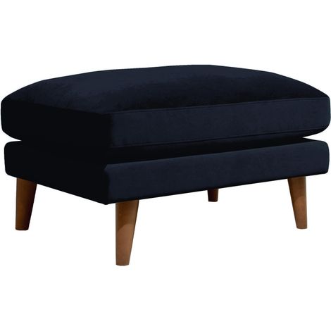 Pouf en velours pieds bois foncé - Bleu marine - VILLABON (1/5)