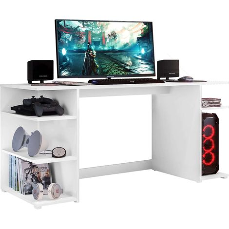 Mesa de Ordenador Tow 5H para Oficina Estilo Contemporáneo en Color Blanco con 3 Estantes y Soporte Torre