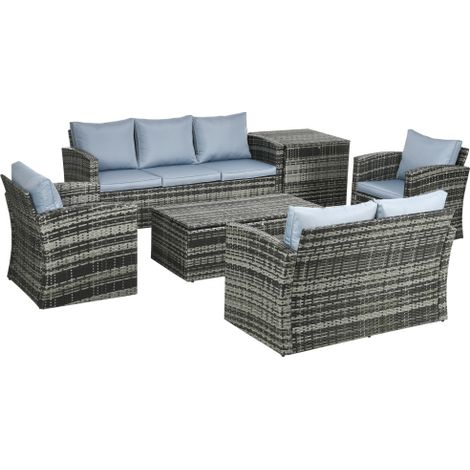 7-Seater Rattan Outdoor Furniture Set with Storage Coffee Table & Side Table, Grey Wicker Sectional Sofa with Cushions