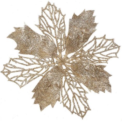 Champagne d'or Set of 12 glittery poinsettia artificial flowers for Christmas tree, 16 cm diameter (1/4)