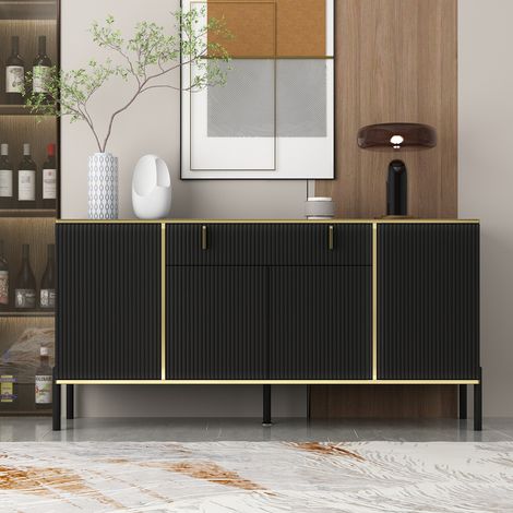 Sideboard 160 cm mit 1 großen Schublade,Kommodeschrank mit 5 Füßen,4-türige Buffetschrak,schwarzes Sideboard für Wohnzimmer,Esszimmer,Schlafzimmer,Schwarz und Gold 160 x 40 x 80 cm (1/5)