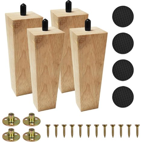 Lot de 4 pieds de meubles carrés en bois pour canapé et armoire - Pieds de meubles robustes avec protection du sol - Noir ou bois naturel - 3 hauteurs au choix (bois naturel, 15 cm) (1/5)