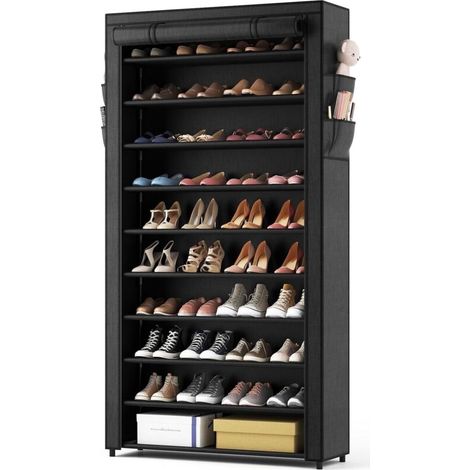 Schuhaufbewahrung, 11-stöckiges Schuhregal aus Stoff, Schuhschrank mit staubdichter Stoffabdeckung, Platz für 40–44 Paar Schuhe, geeignet für Stiefel und High Heels, Schwarz (1/4)