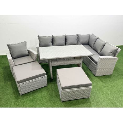 Fimous Rattan Garden Furniture Set Outdoor 9 Seater Patio Dining Corner Sofa Sets with Dining Table Chair 2 Big Footstools Light Grey Mixed (1/4)
