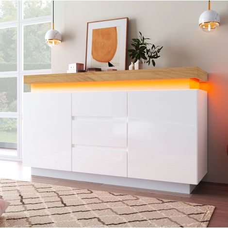 Cómoda brillante con LED, 2 puertas y 3 cajones, 140 x 39 x 81 cm, blanca DESVIAE (1/5)