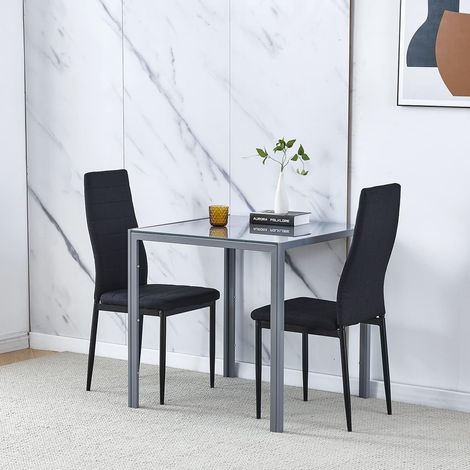 Dining Room Set, Grey Glass Dining Table with Chairs, 75x75 cm Square Glass Table and Chairs for Small Room (Table with 2 Chairs, Black Linen)