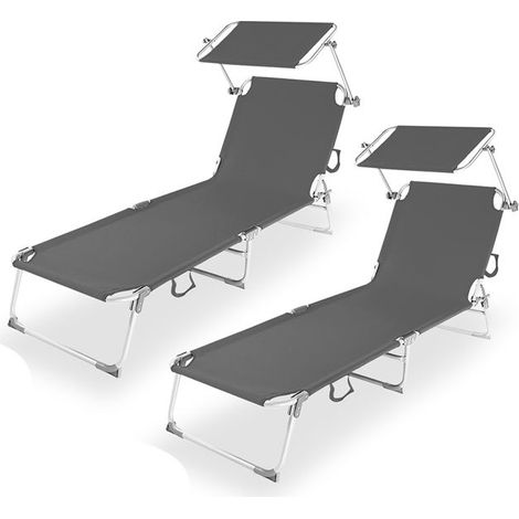 Transat / chaise longue pliante - JUANIO - Lot de 2 - Aluminium antirouille - Pare-soleil réglable - Résistant UV (1/3)