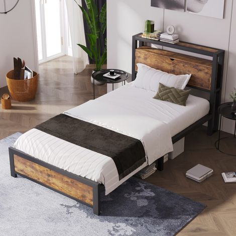 Lit simple 90x200 cm en métal noir industriel, avec tête de lit coffre et sommier à lattes, pour enfant, adolescent et adulte (sans Matelas) (1/5)