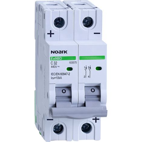 Disjoncteur bipolaire CC 32A – Courbe C – Protection solaire – Pour régulateur et batterie – Calibré pour courant de court-circuit – Noark