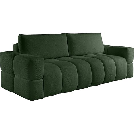 Vente-Unique – Canapé convertible 3 places en tissu bouclette vert – Mécanisme coulissant – Coffre de rangement intégré – Dossier déhoussable