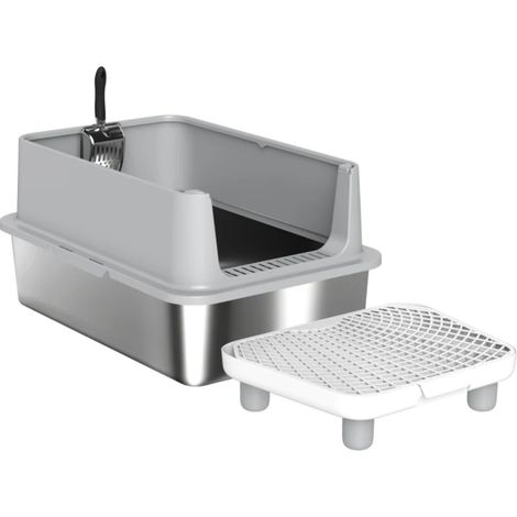 Bac à litière XL en acier inoxydable à bords hauts avec marchepied, tapis filtrant et pelle MODENUIT (1/5)