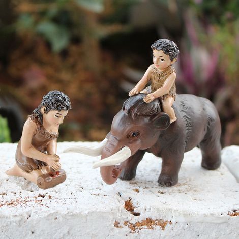 Estatua en miniatura de mamut y hombre salvaje hecha de resina para jardín u oficina [Figura decorativa] (1/5)